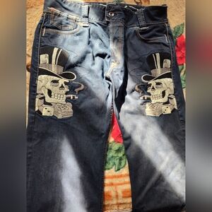 Men's Blue Skull Embroidered Jeans